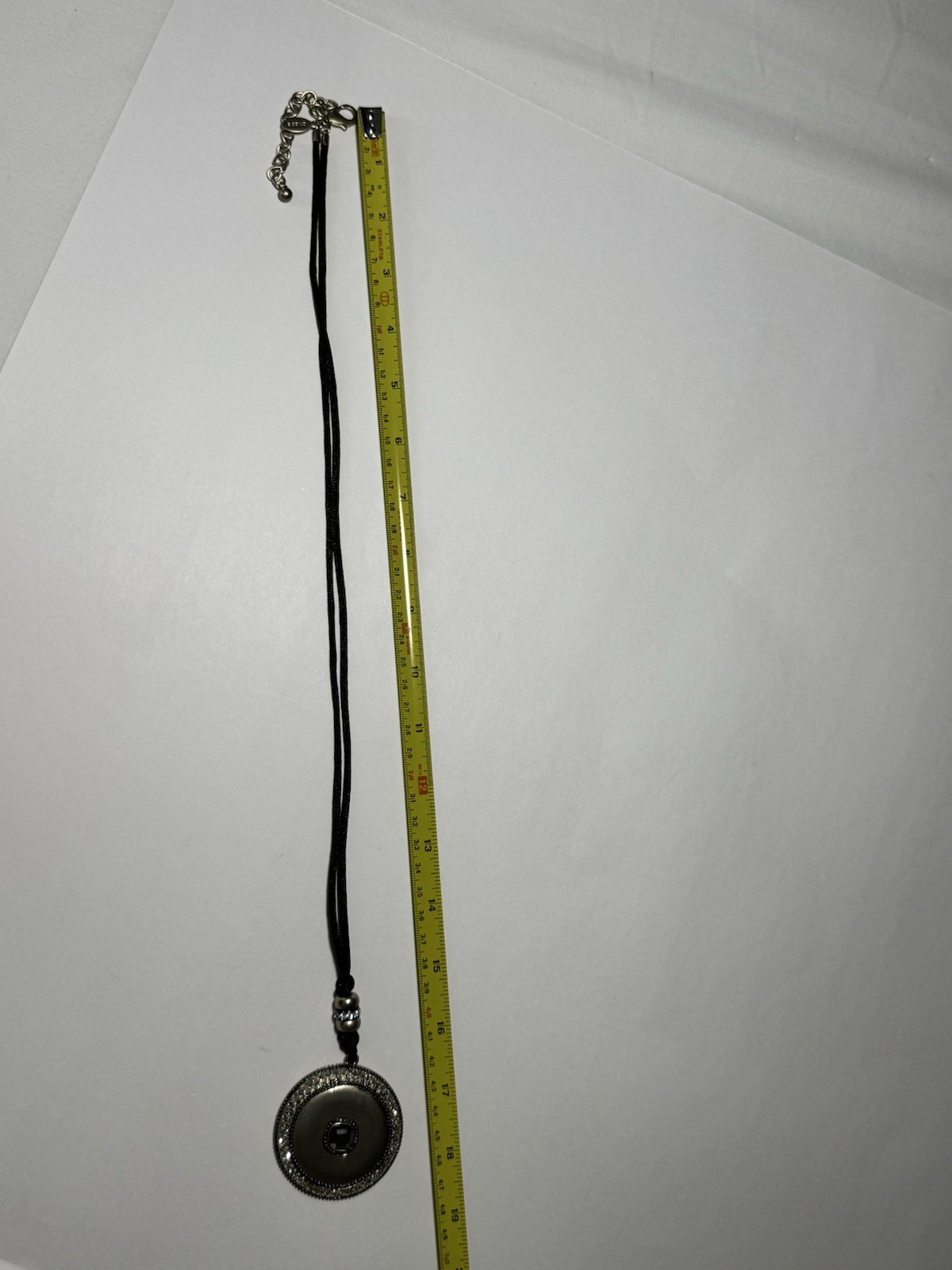 Chico’s Black Cord Pendant Necklace Silver Tone Round Crystal Charm Adjustable
