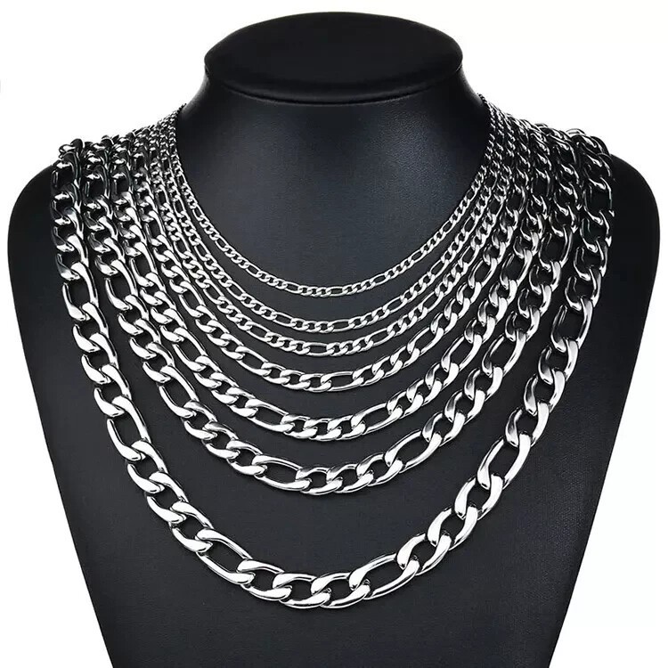 Stainless Steel Figaro Chain Necklace 16″-36″ Men Women Link 3/4/5/7/9/10/12mm