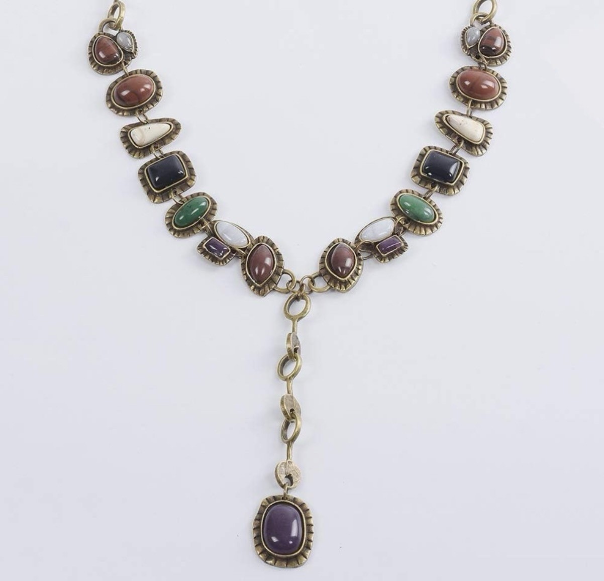 Gold Tone Multicolor Oval Bezel Charm Pendant Y-Drop Cable Necklace, Lobster