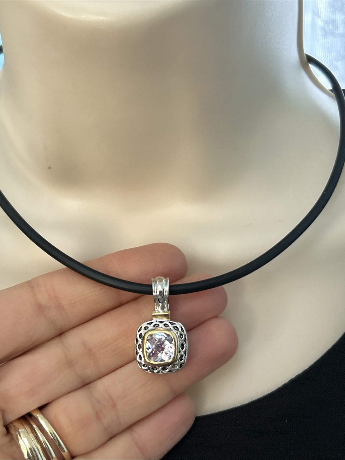 Gold And Silver Tone Square Pink Lab Diamond Pendant Necklace On Black Cord 16”