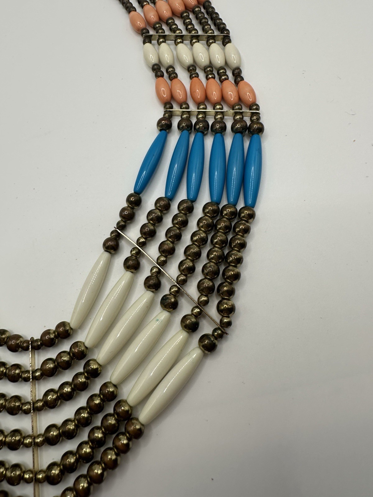 Gold Tone Pink And White Beaded Multi Strand Boho Native Style Necklace 24”