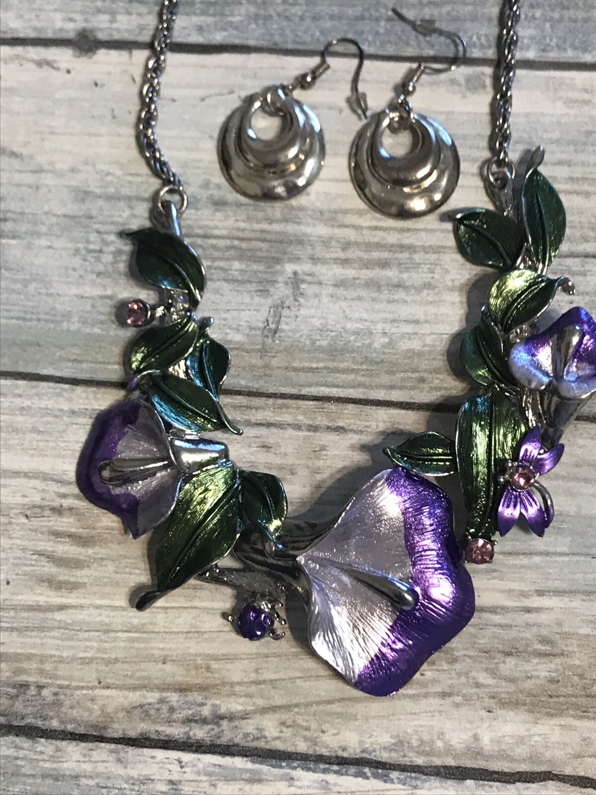 Lot Necklaces Earrings Silver Tone Chain Black Pendant Flowers Purple Set