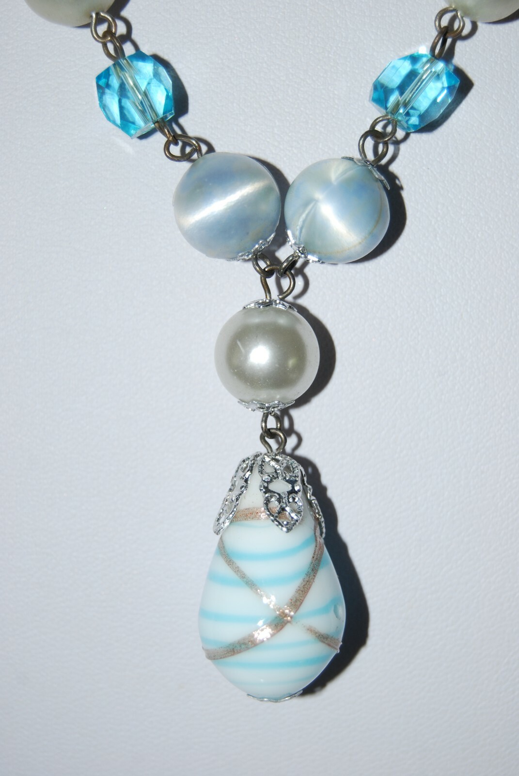 Vtg MCM Japan Light Blue Acrylic Beads And Venetian Style Glass Beads Necklace