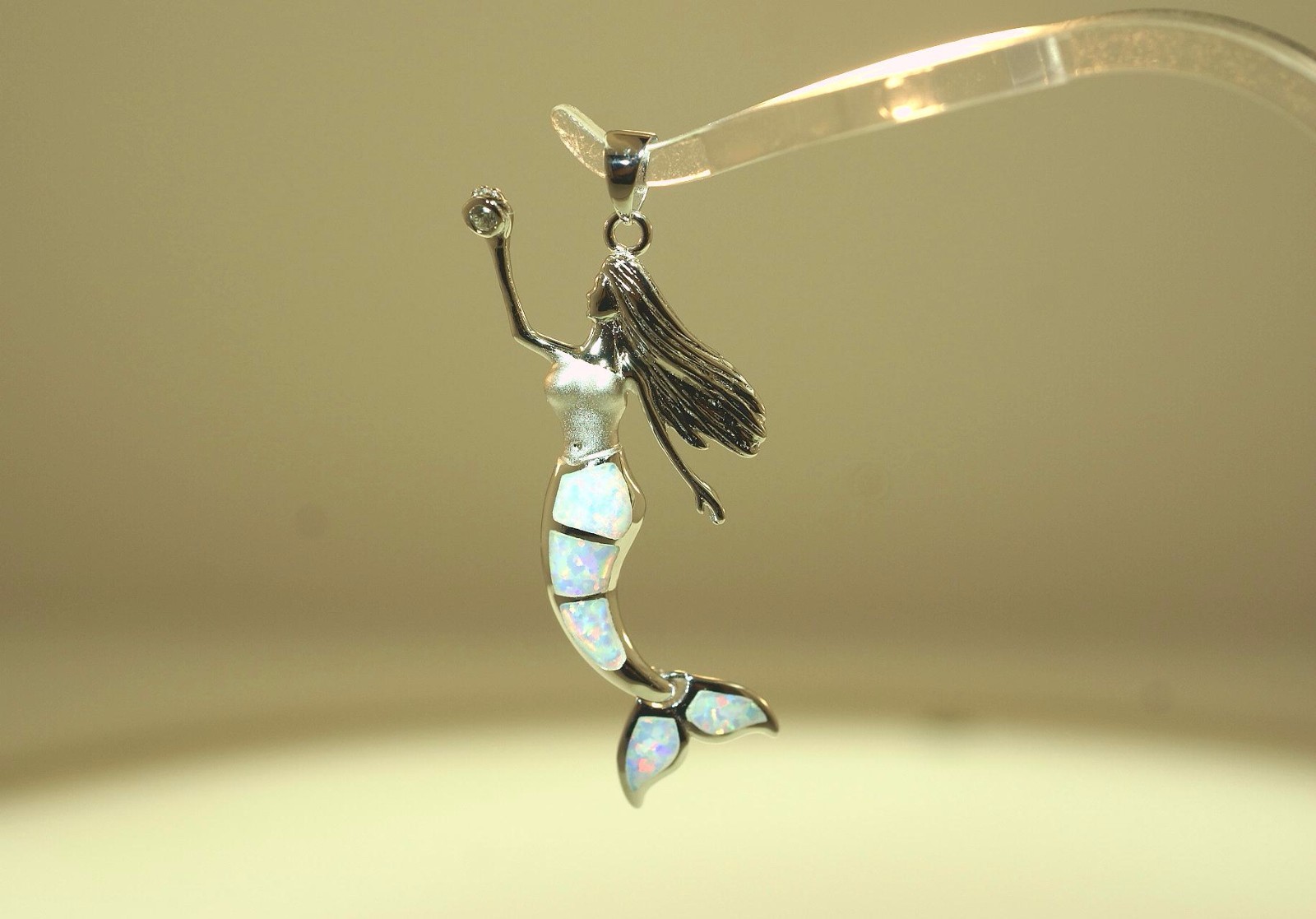 28MM RHODIUM 925 SILVER INLAID WHITE OPAL WIGGLING HAWAIIAN MERMAID CZ PENDANT