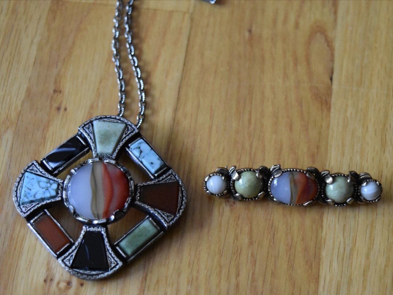Lot of 2 Miracle Brooch & Celtic Cross Pendant Necklace Pin Faux Agate England