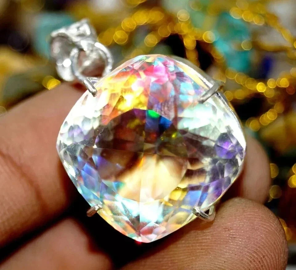 55 CT+ Flawless Rainbow Fire Mystic Topaz Pendant 925 Sterling Silver Plated