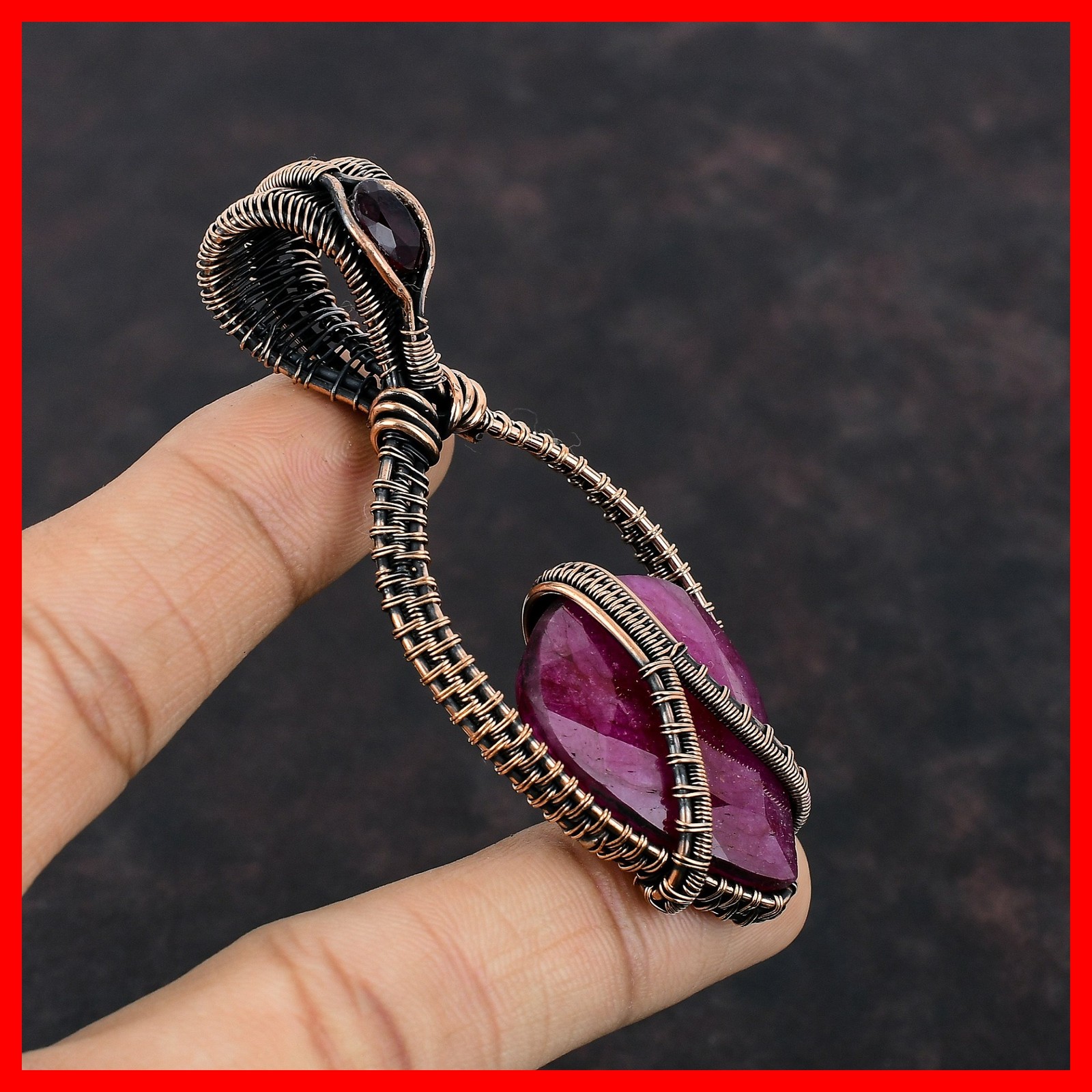 Kashmir Rubi Stone Mozambique Garnet Copper Wire Wrapped Trendy Pendant Jewelry