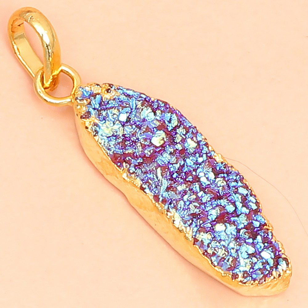 Pendant Red Sunshine Drusy 14CT Gold Plated Silver Jewelry 1.5”