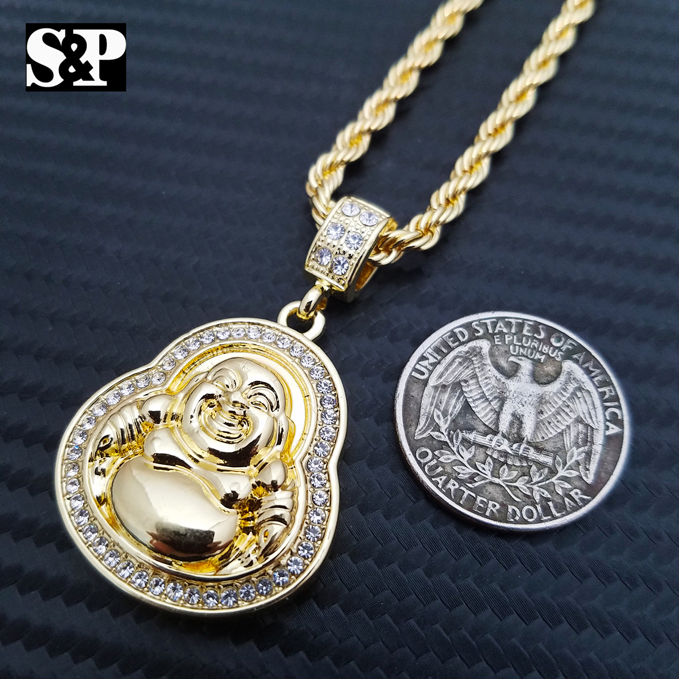 Unisex Lab Diamonds Lucky Happy Buddha Pendant & 4mm 24″ Rope Chain Necklace