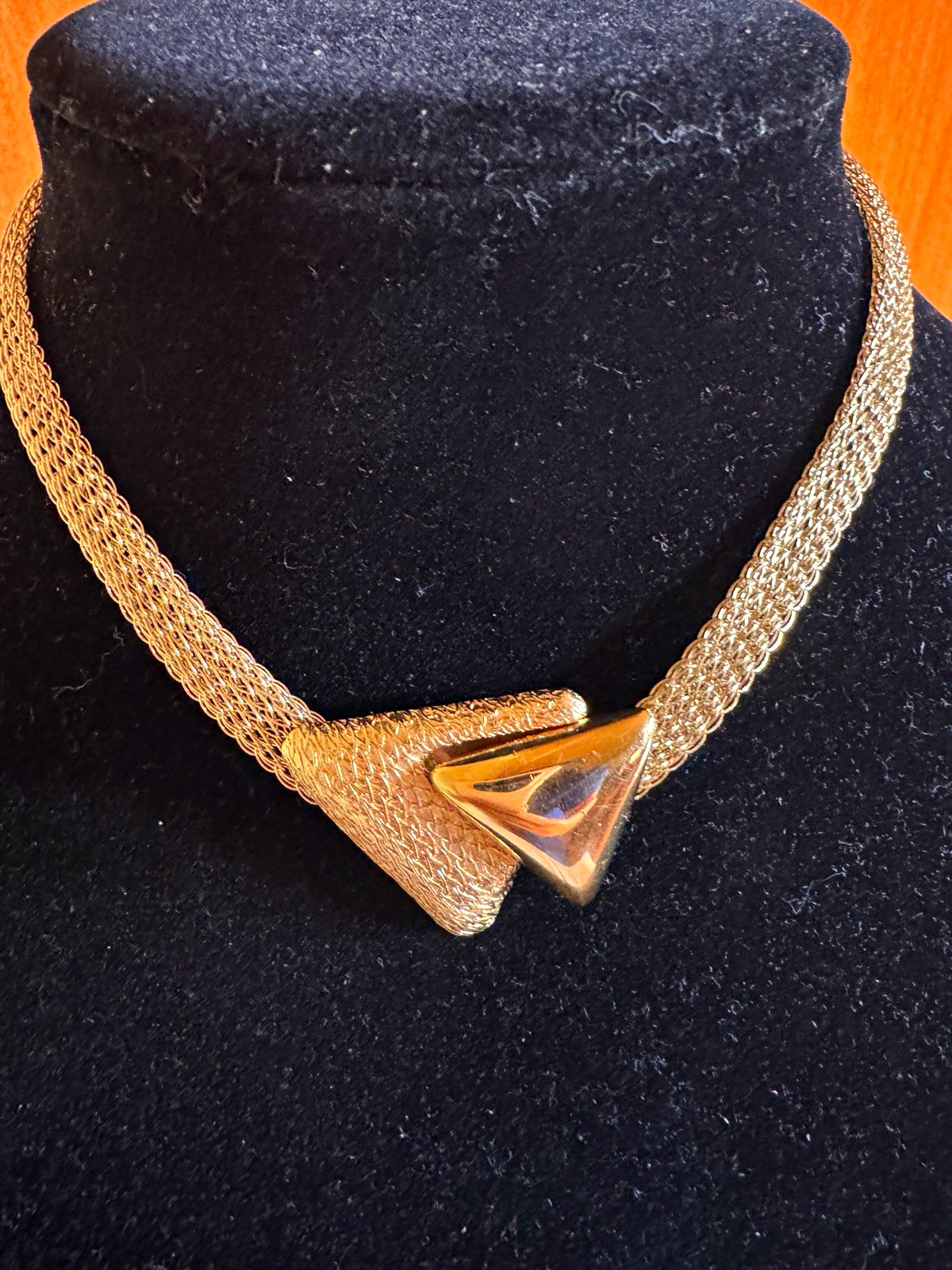 Gold Tone Metal Mesh Chain Choker Necklace with Triangle Front Detail