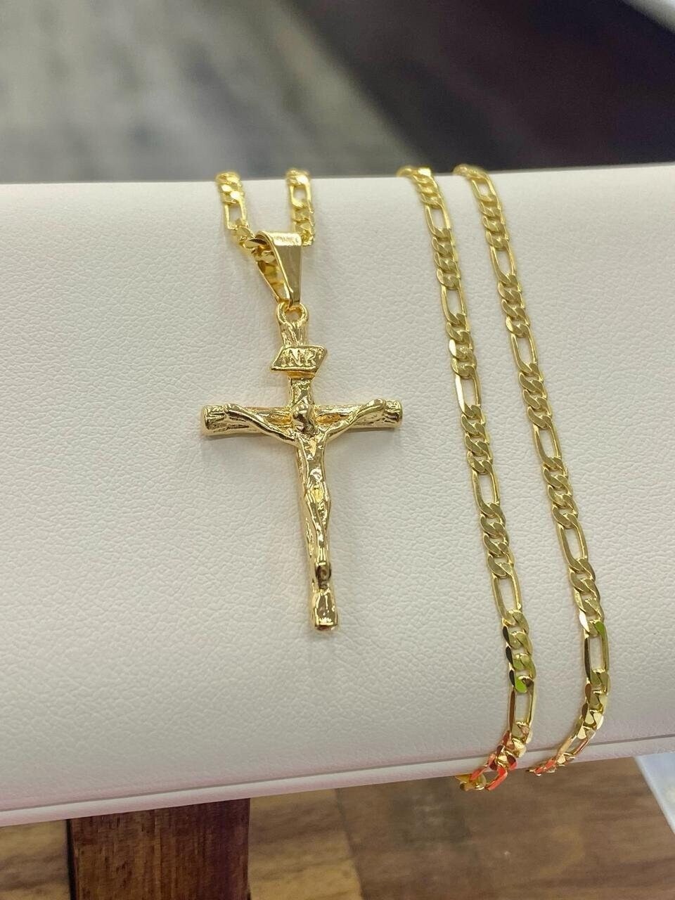 Rustic Cross Necklace 14K Yellow GF Figaro Chain 24″ Gifts Jewelry Religious