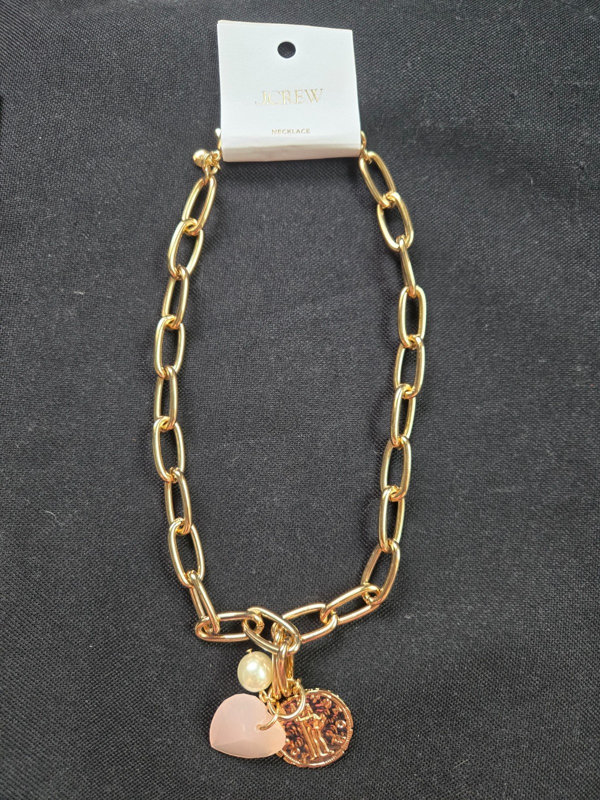 J.CREW Puffy Heart Pearl Coin Charms Gold Necklace, Retails $49.50 NWT!