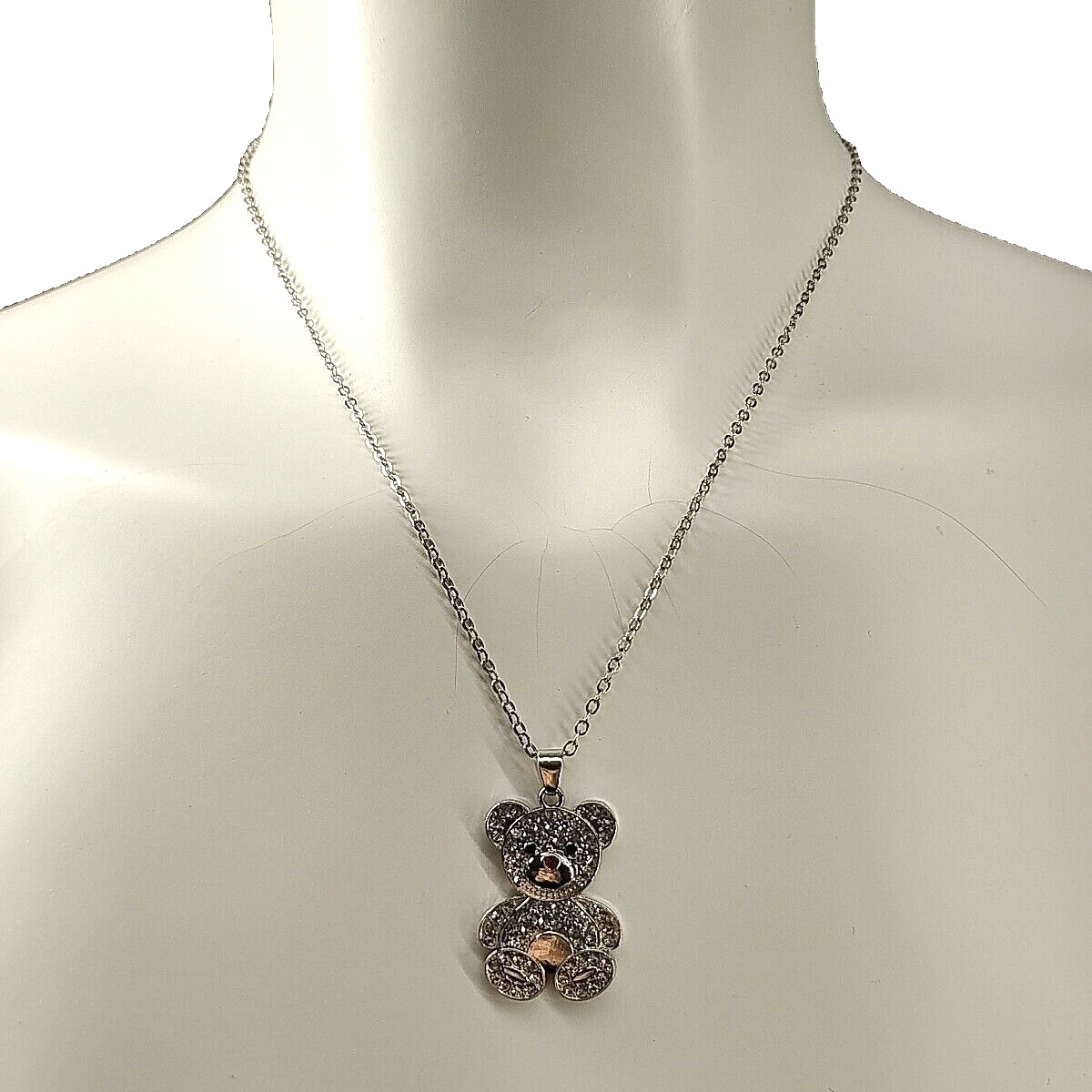 Women Teddy Bear Pendant Necklace Brass Plated Rhinestone 18.5″-20.5″ Chain