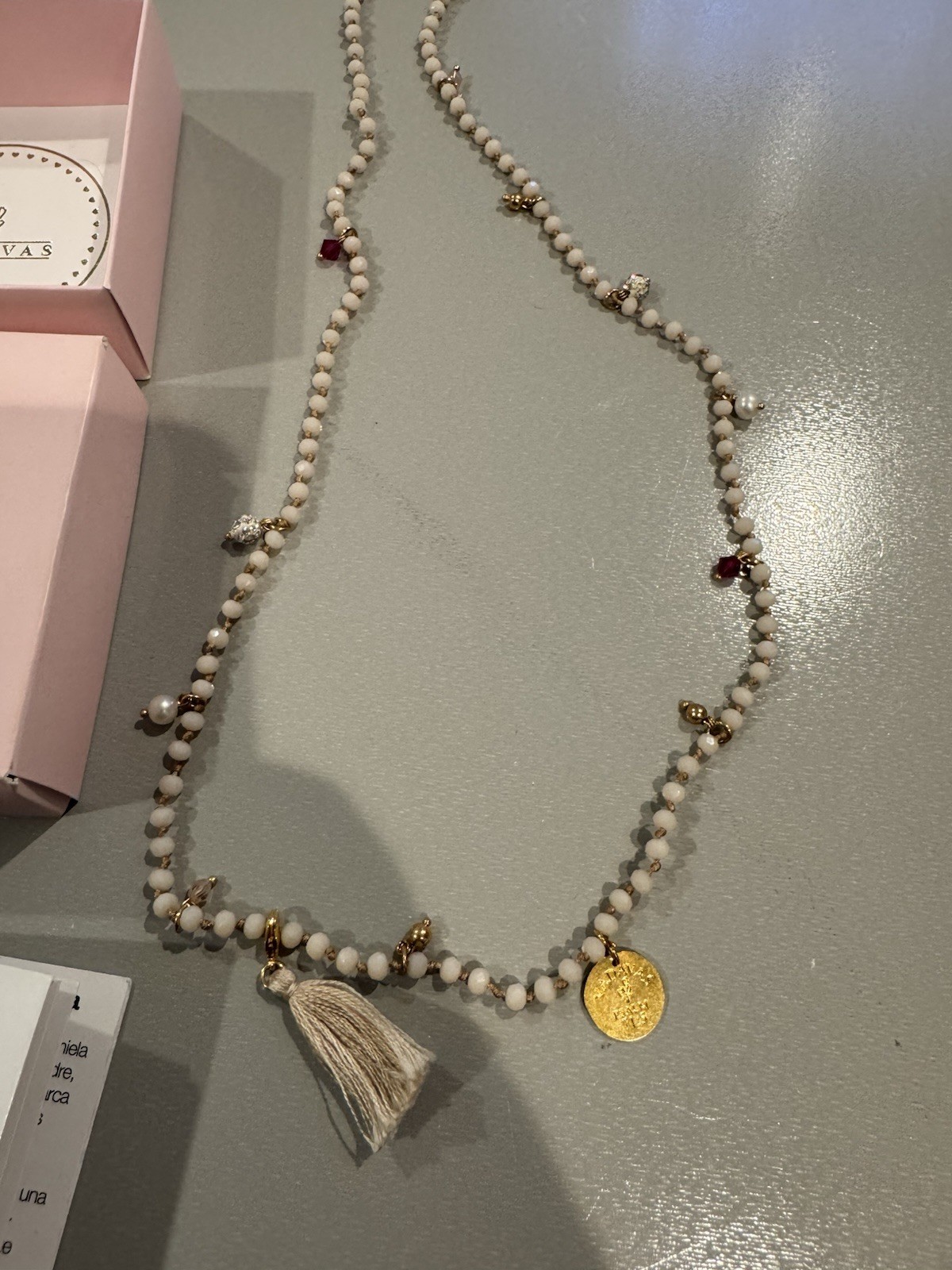 Vadavas Necklace Beads White And Gold Adjustable Long Length