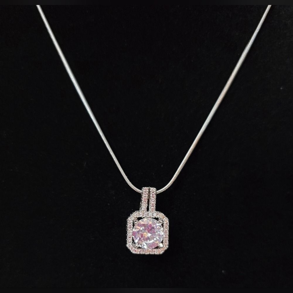 Elegant Stainless Steel White Gold Overlay Cubic Zirconia Pendant Necklace NWOT
