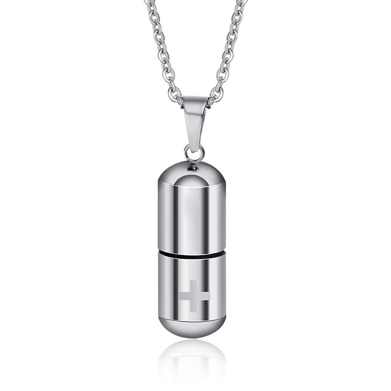 Silver Pendant Necklace Perfume Bottle Medical Pill Capsule Container Women Men