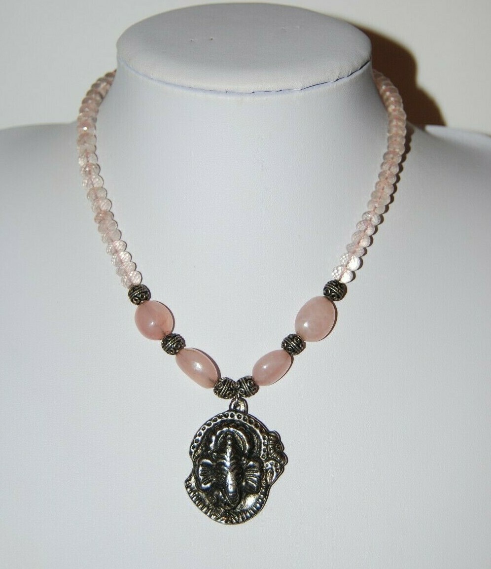 ELEPHANT SILVER TONED PENDANT WITH PINK NATURAL & GLASS BEADS STRAND NECKLACE