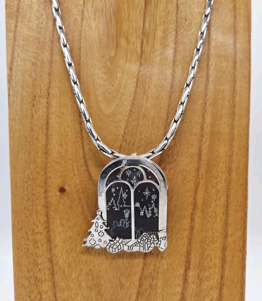 CHRISTMAS Pendant Necklace Brooch Window Scene Silver tone Necklace 20 in