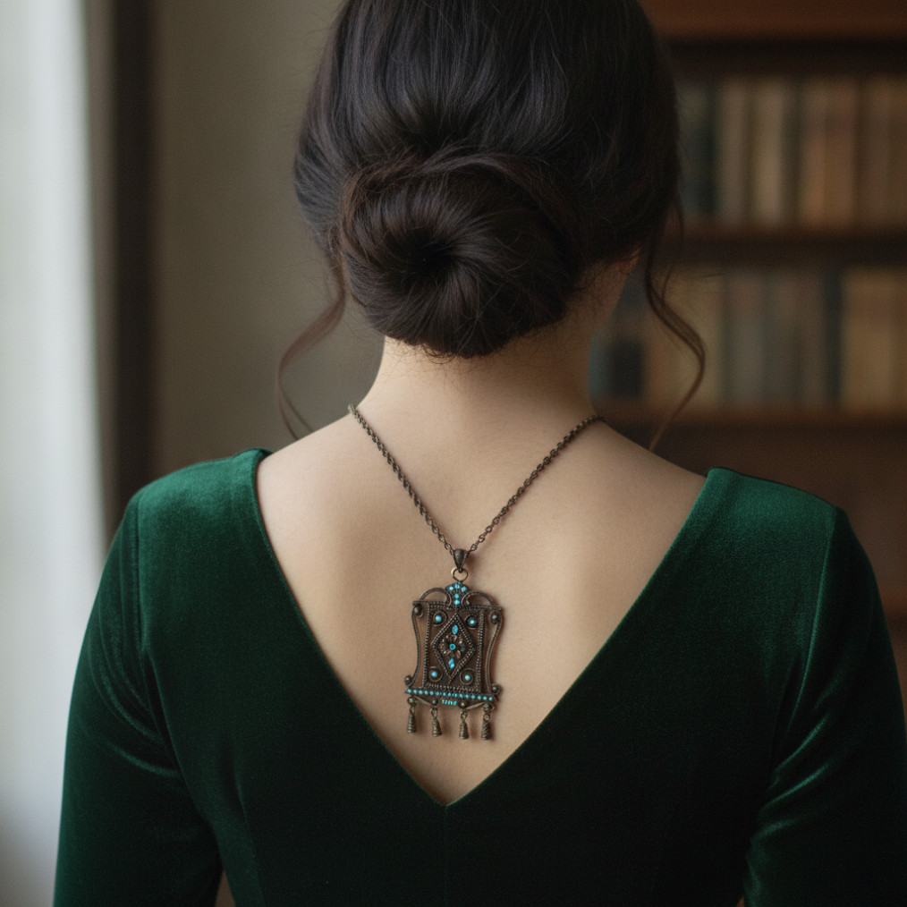Vintage Women’s Large Chain Necklace Antique Bronze Turquoise Rhinestone Ornate