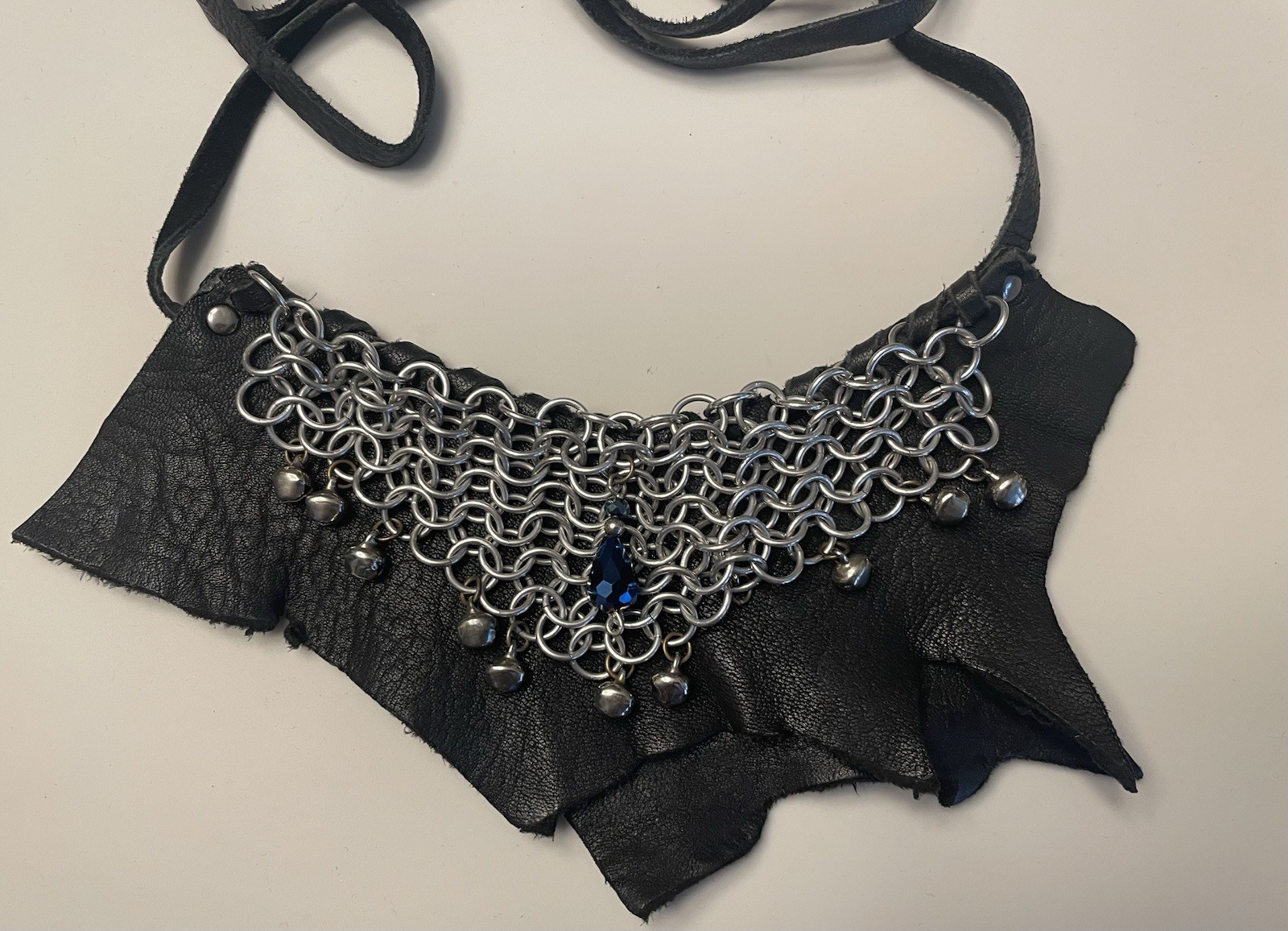 Handmade Leather Bib Style Necklace Tie Back Adjustable Length, Iridescence