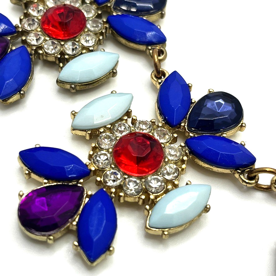 Vintage Colourful Statement Necklace Red Blue Purple Crystal 50cm Gold Tone