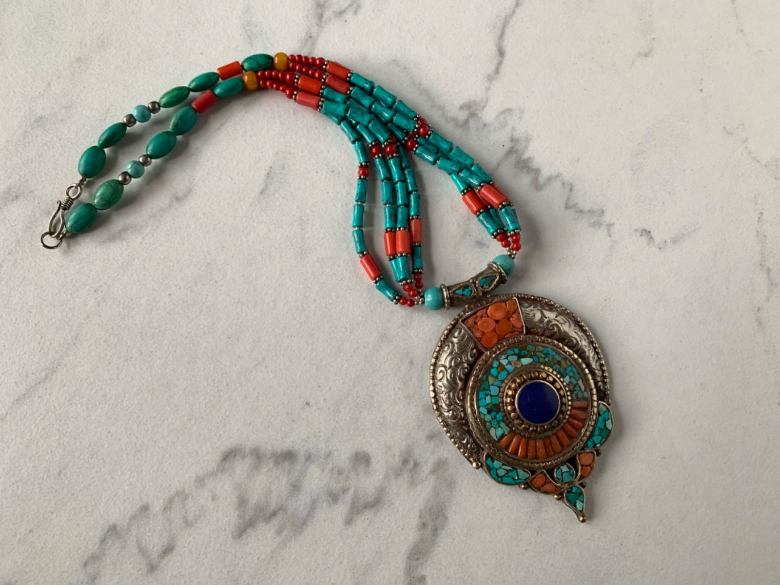 Traditional Tibetan Silver Turquoise, Coral, Lapis Amulet 18″ Necklace 61