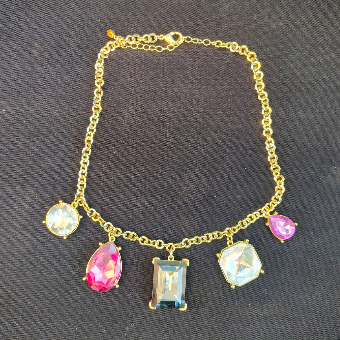 Gold Tone Cable Chain Necklace w/ 5 Multicolor Crystal Charms Spring Ring