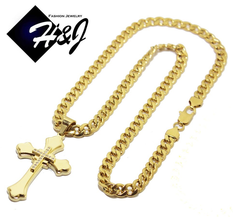 24″MEN Stainless Steel 7mm Gold Plated Cuban Curb Necklace CZ Cross Pendant*SGS