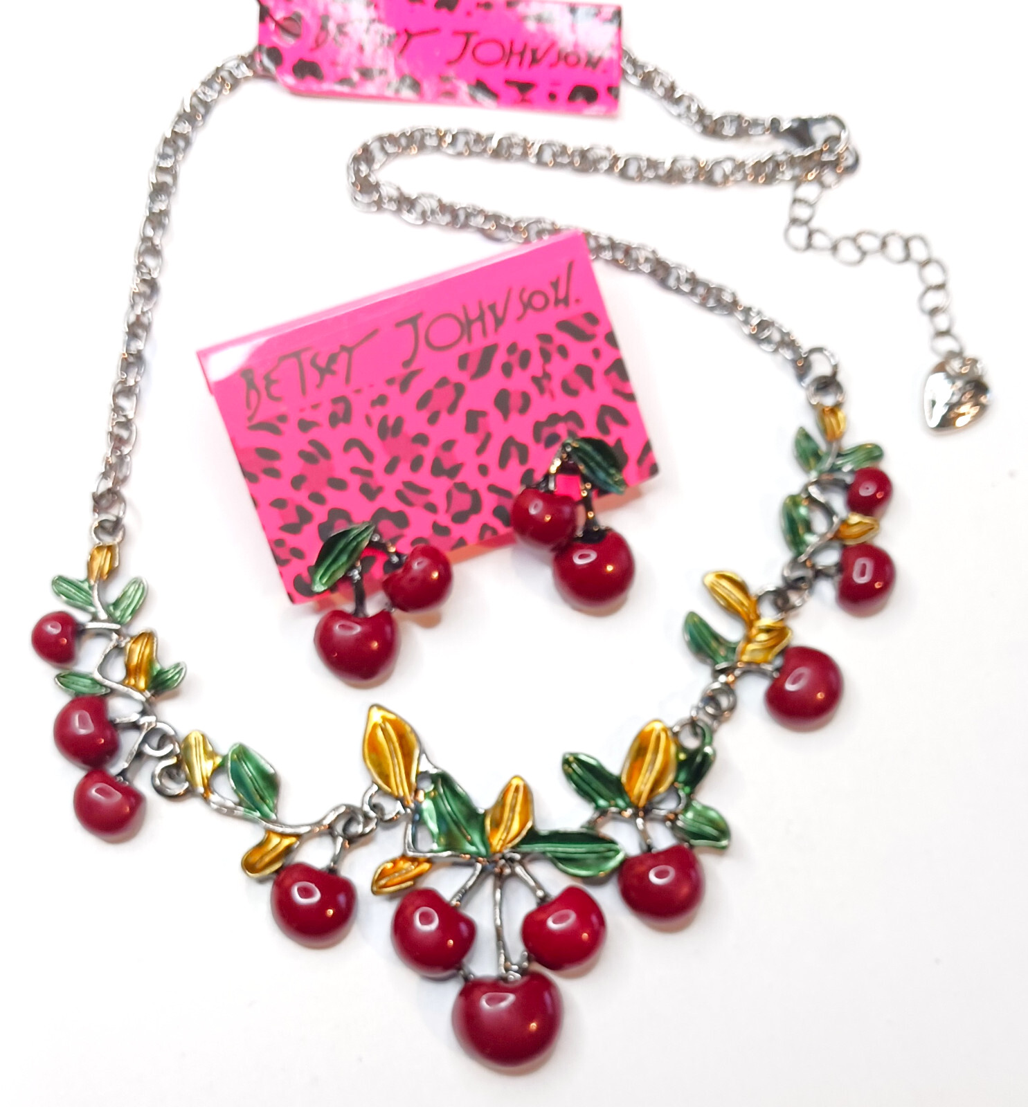 Sweet Red CHERRY Leaf Blossom Choker Betsey Johnson Enamel Necklace Earrings SET