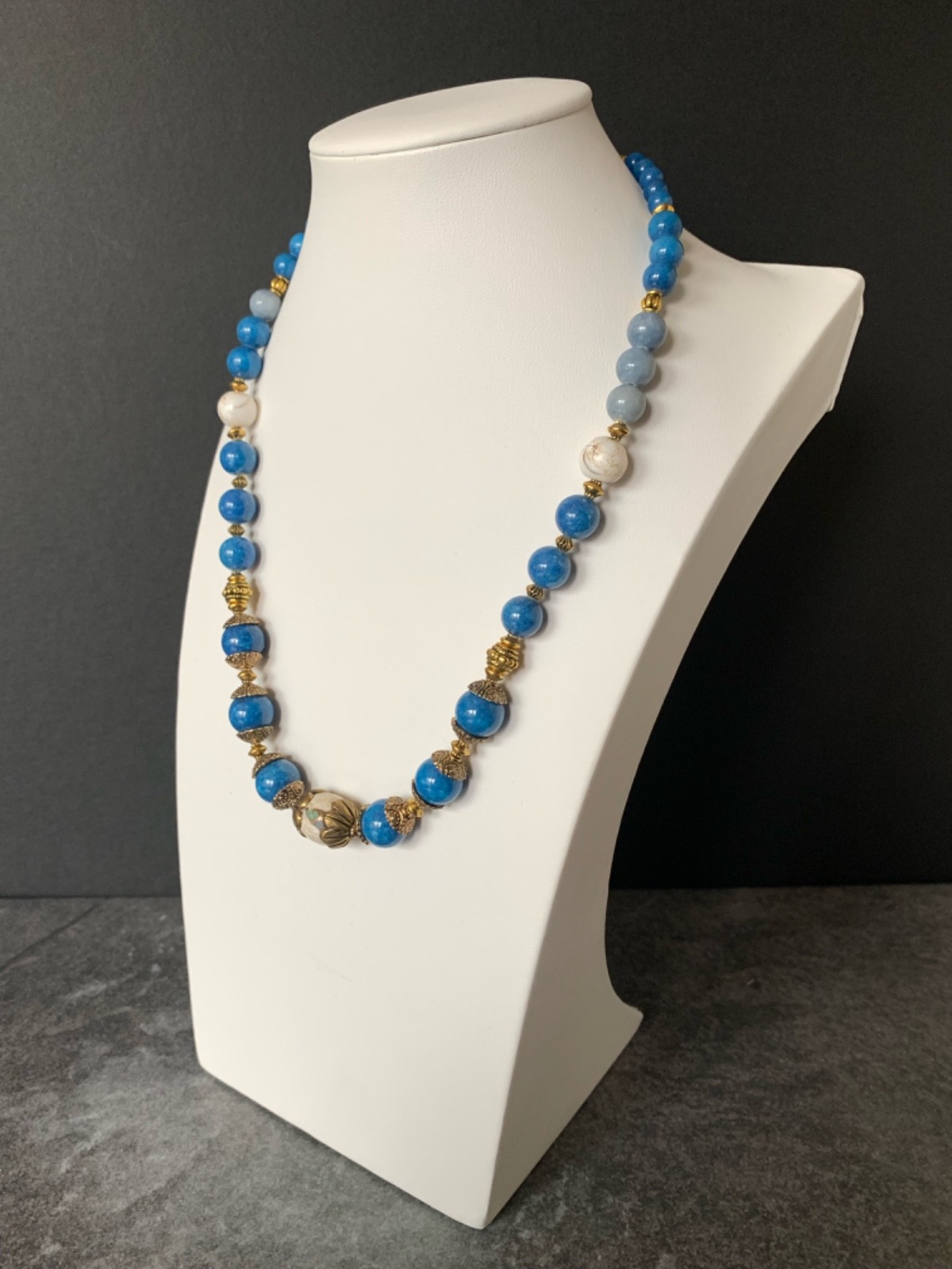 Conch Focal Bead in brass, Blue Howlite beads, Two Conch beads, 20″ Necklace 48