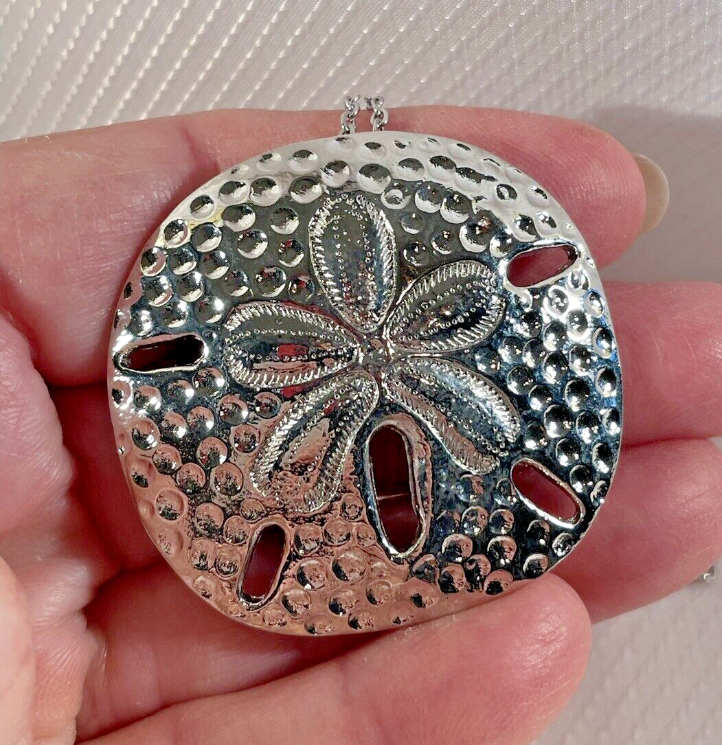 Sand Dollar LG Silver Necklace 30” Stainless Chain Coastal Sea Life Jewelry NEW