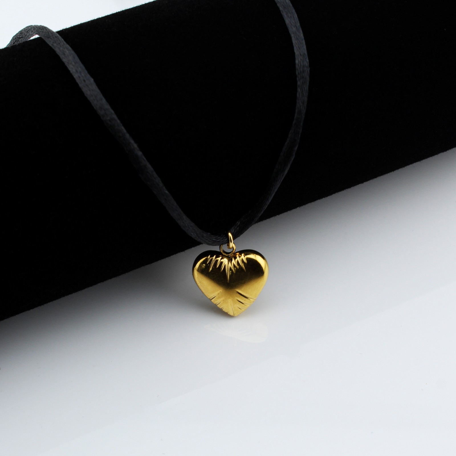 Gold Heart Pendant Necklace Satin Silk Cord Stainless Steel Women Girls Gift