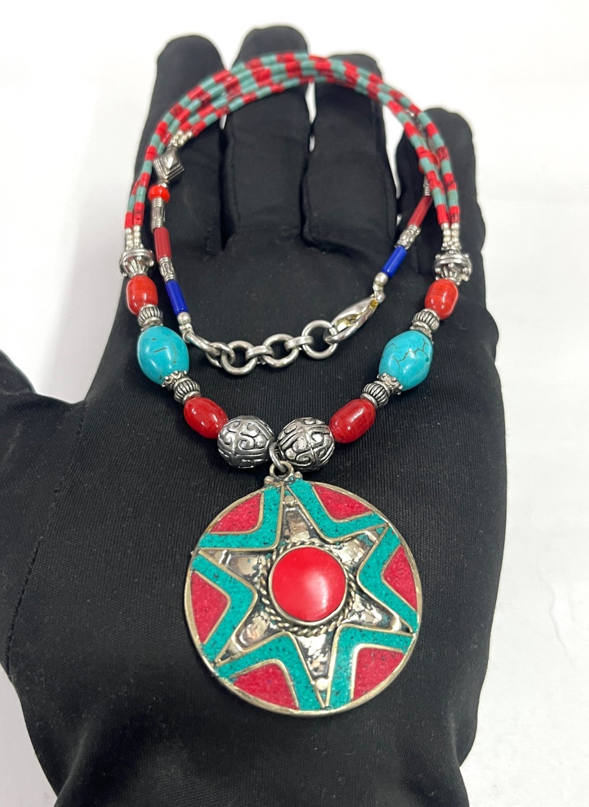 Handcrafted Red Coral Turquoise Gemstone Tibetan Necklace Jewelry, 17 Inch Adjs