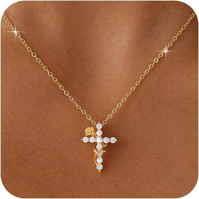 Gold Cross Necklace for Women Dainty 14K Gold Plated Diamond Cross Pendant Neckl