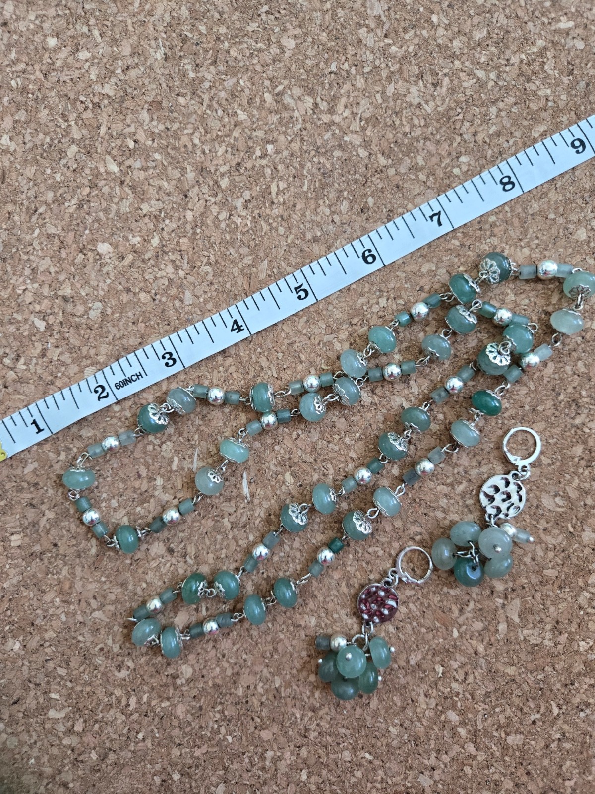 Green Quartz Beaded Necklace Silver Tone 30” Long Cluster Pendant with Earrings
