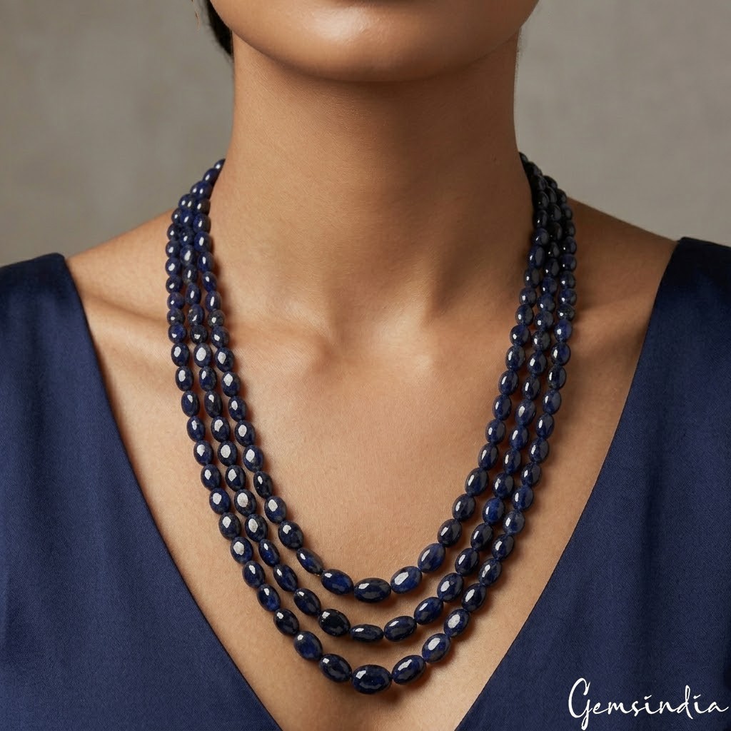 Natural Dark Blue Sapphire Oval Beaded 3 Strand Adjustable Necklace Jewelry 22″