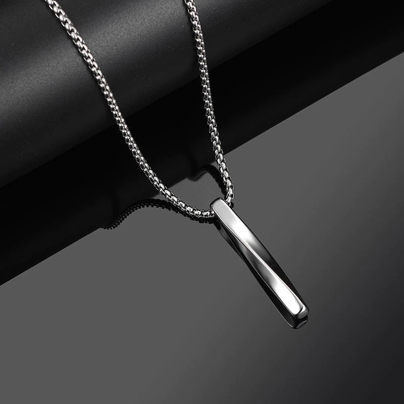 Men’s Fashion Jewelry Minimalist Twisted Silver Bar Pendant Necklace 351