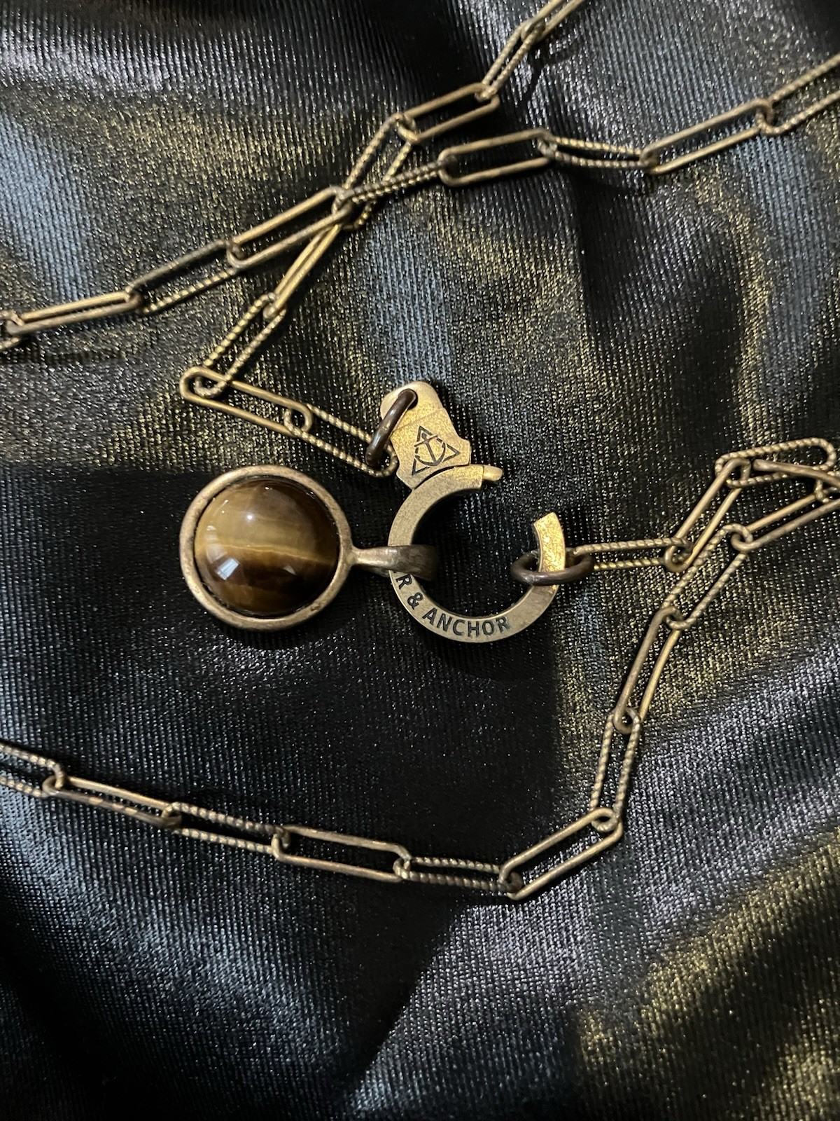 Air & Anchor Brass Paper Clip Cuff Keeper Necklace Tiger Eye Holder Necklace