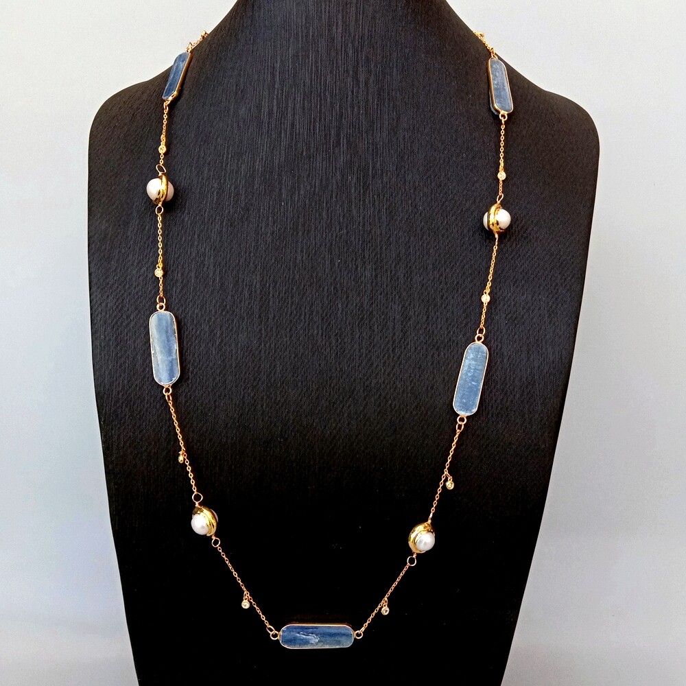 18″ Cultured White Pearl Natural Blue Kyanite Connector Chain Long Necklace