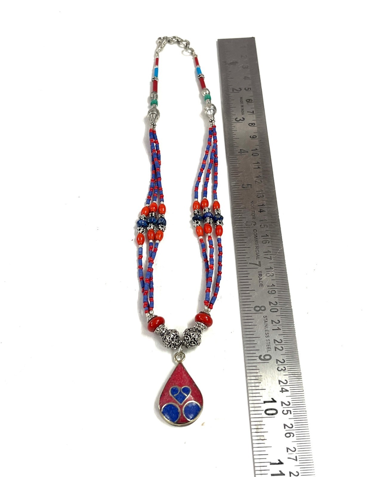 Antique Red Coral Lapis Gemstone Tibetan Bohemian Necklace Jewelry, 18 Inc Adjst