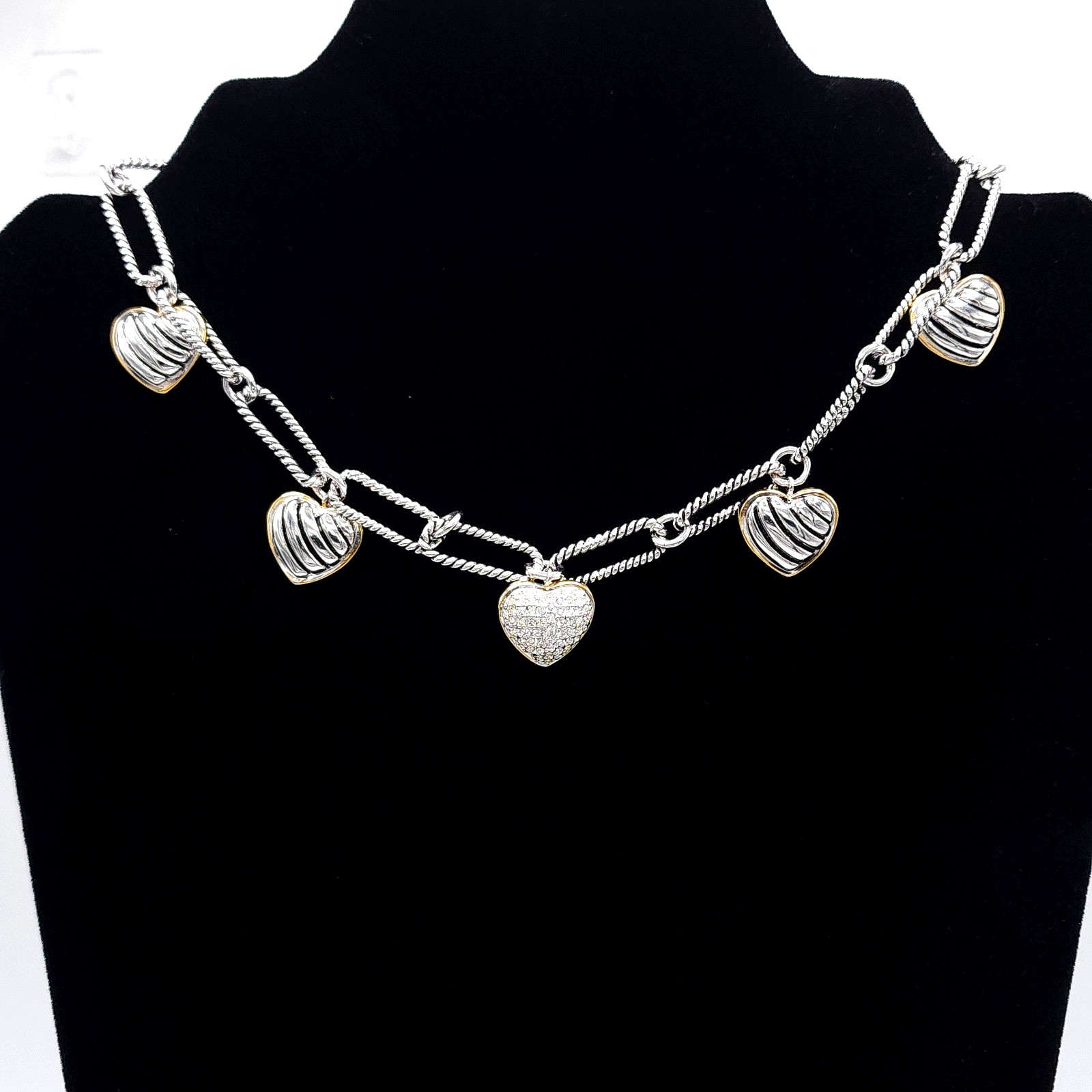 Heart Charm Necklace Paperclip Chain Rhinestone Pave Heart Toggle Clasp 16in