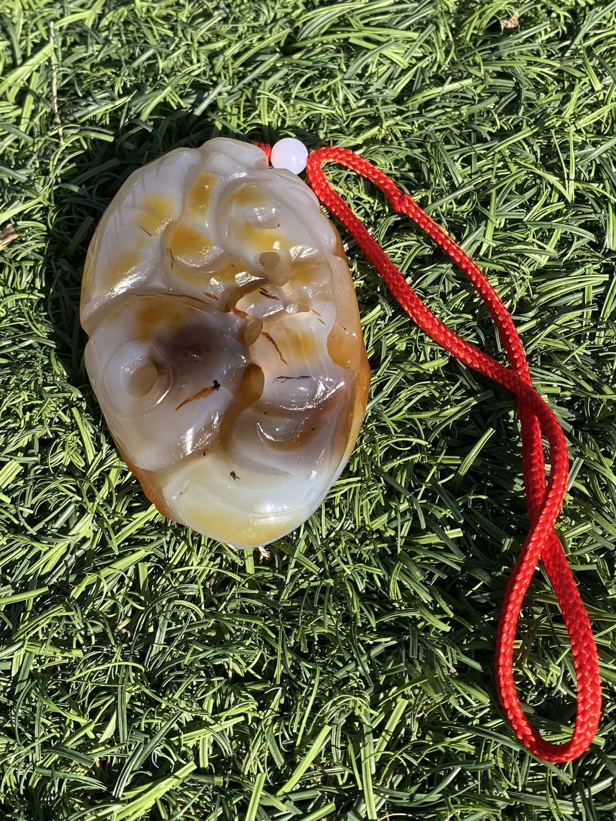 Agate Carved Oval Stone Pendant Necklace w/ Adjustable Red Cord, Brown White