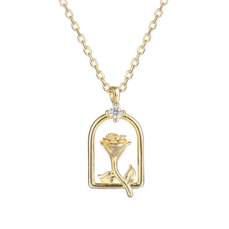 Women18K Gold Vase Rose Love Flower Pendant Necklace Sterling Silver 15-17″ D21