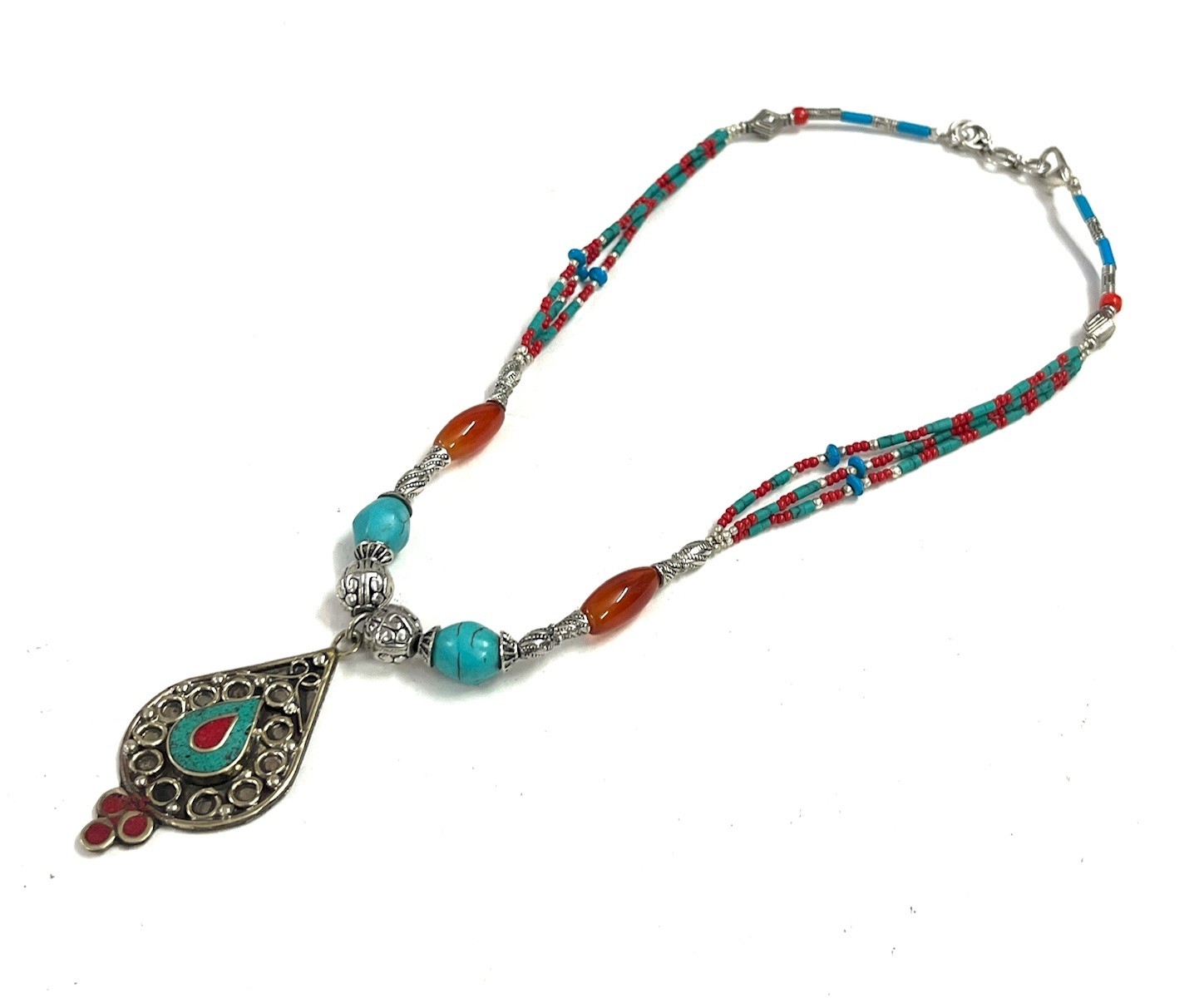Ethnic Turquoise Carnelian Gemstone Tibetan Necklace Jewelry, 16 Inc Adjst