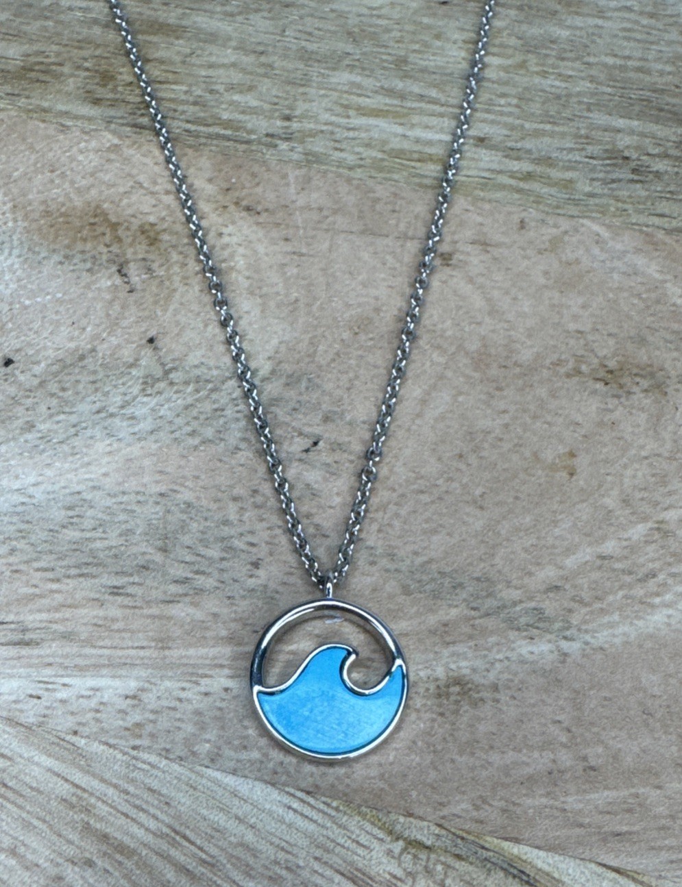 Pura Vida Silver Necklace With Blue Wave, Adjustable 16.25”, 17.25”, & 18.25”