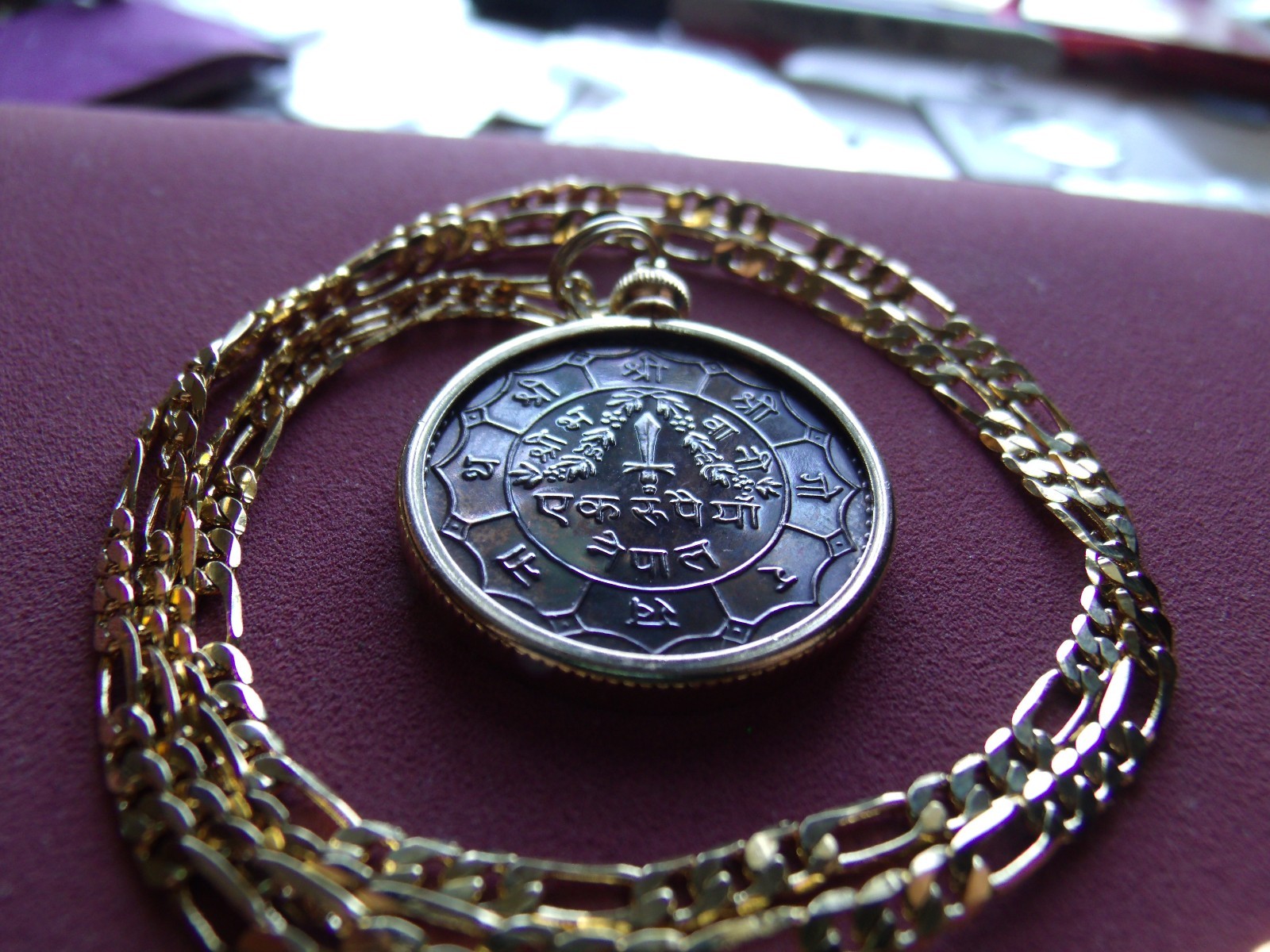 Yr73 Nepal Coin Pendant 24″ Gold Filled Chain ^ Trident of Shiva & Sword of Kali