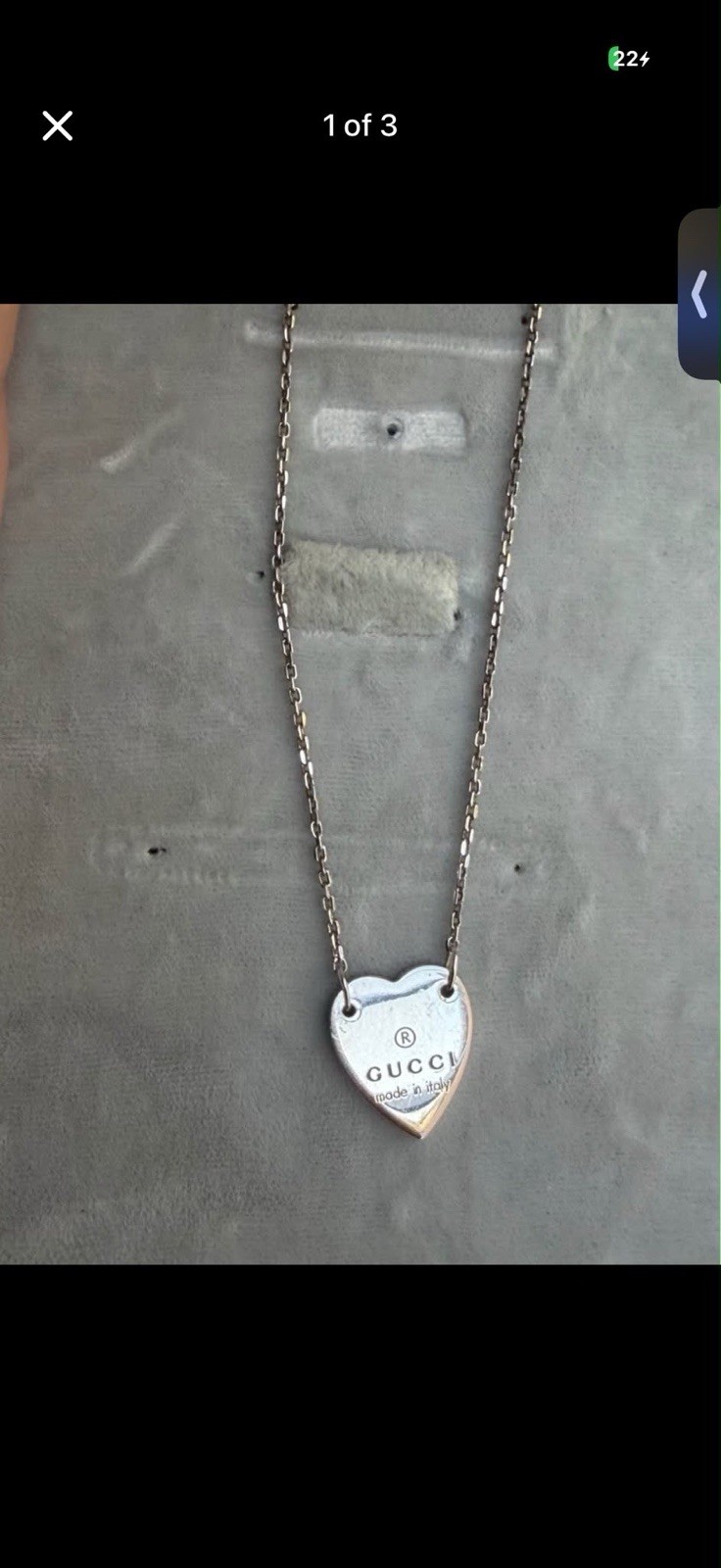 Gucci Silver Heart Charm Pendant Necklace Cable Chain Lobster Closure Italy