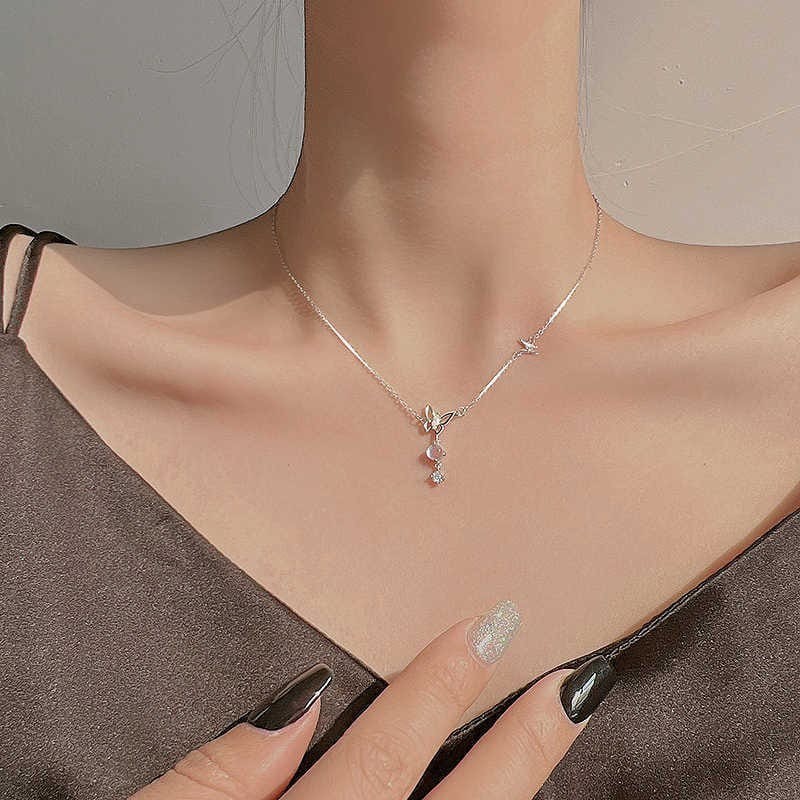 Silver Butterfly Necklace with Zircon Pendant for Women