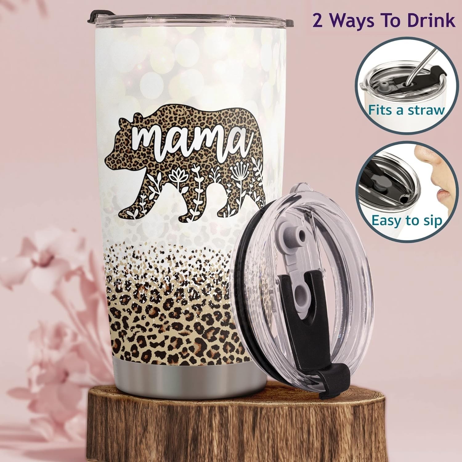 20oz Stainless Steel Bear Tumbler – Stylish Mother’s Day Gift in Leopard Print