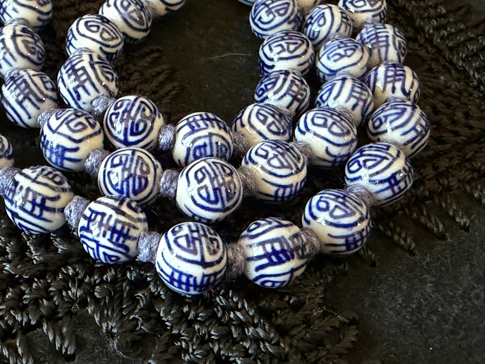 Vintage Chinese Necklace Blue White Porcelain SHOU Longevity Beads 24″ Knotted